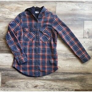 Columbia Hooded Button Up Shirt Women’s Size Small Plaid Roll Tab Sleeves